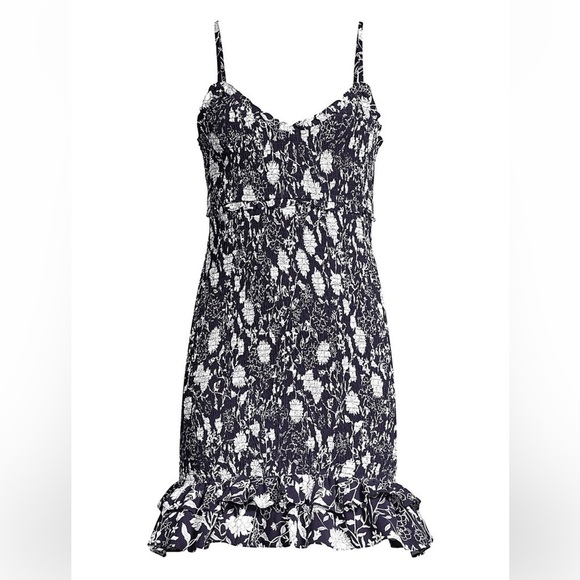 Likely Navy Blue white Floral print Zephra Shirred Floral Mini Dress sz 8 - Picture 4 of 12